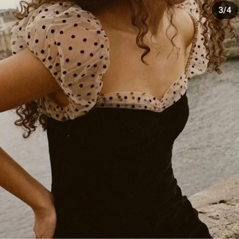 Camila Coelho Heirloom Velvet Tulle Puff Sleeve Flocked Dot Dress Black SMALL S - Picture 3 of 10